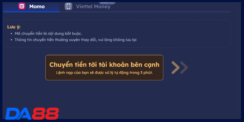 Các bước nạp tiền DA88 qua ví điện tử